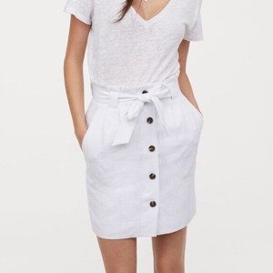 H&M Skirt 4 White Paperbag Linen Belted Tie Front Side Pockets Lined Button